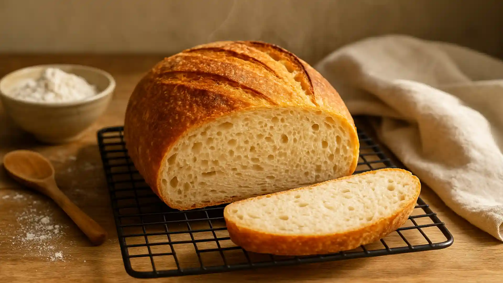 Golden sourdough discard bread loaf cooling on a wire rack in a rustic kitchen, sliced open to reveal a soft airy crumb with steam rising.