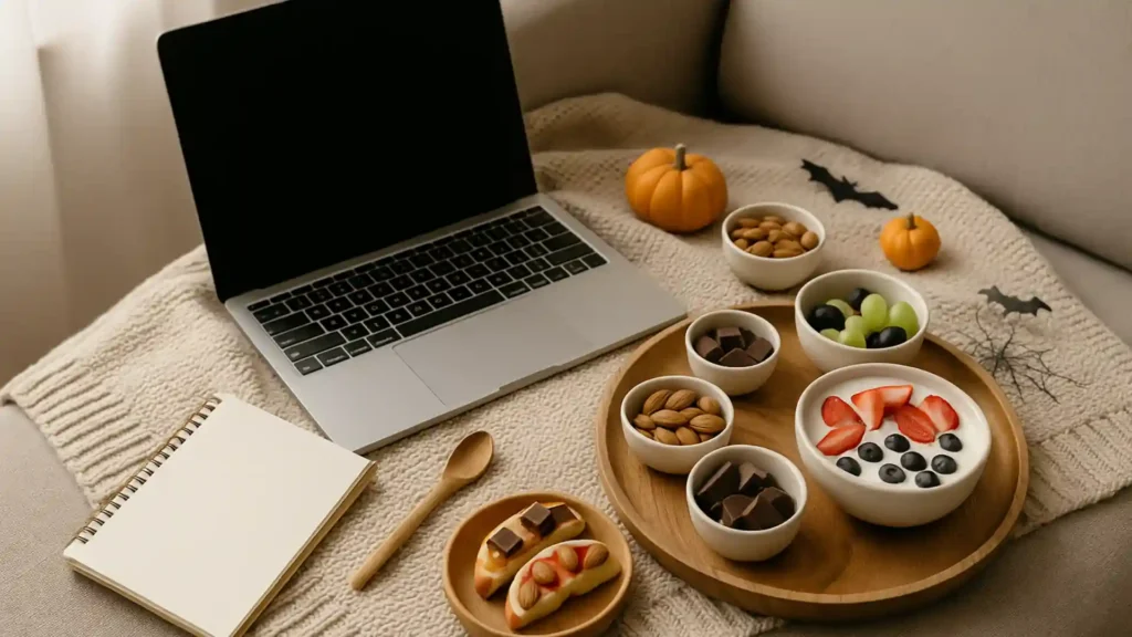 Warm living room or workspace scene with an open laptop, notepad, and a snack tray holding nuts, dark chocolate, fruit, and a yogurt bowl under soft natural light.