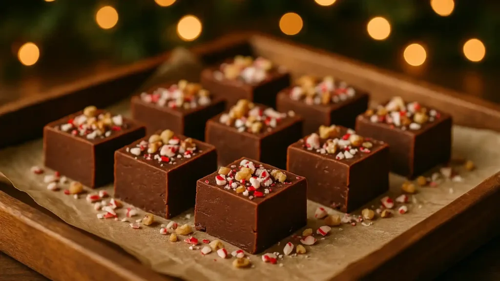 Homemade chocolate fudge squares with crushed peppermint and walnuts served on parchment in a rustic tray with festive holiday lights.