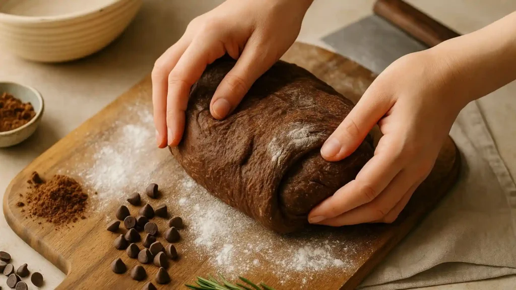 Hands folding dark cocoa sourdough dough on a floured wooden board with chocolate chips, cocoa powder, proofing basket, and bench scraper in a naturally lit kitchen.