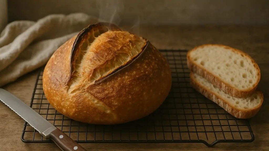 Golden crusty sourdough loaf fresh out of Dutch oven on cooling rack with steam rising
