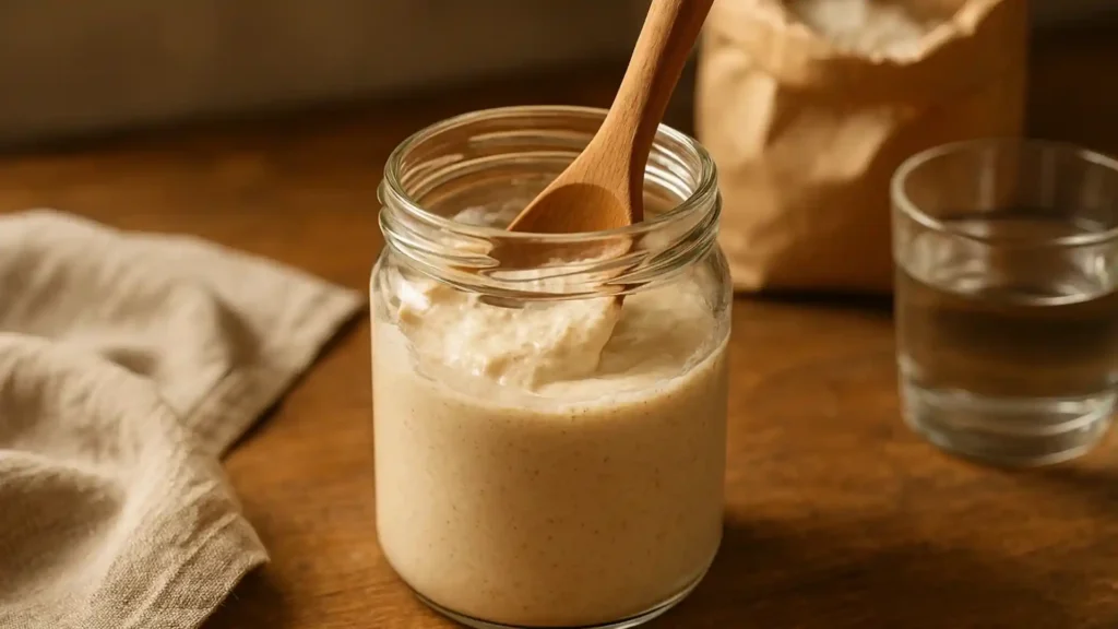 Close-up of a glass jar with freshly mixed sourdough starter being stirred with a wooden spoon on a rustic kitchen counter.