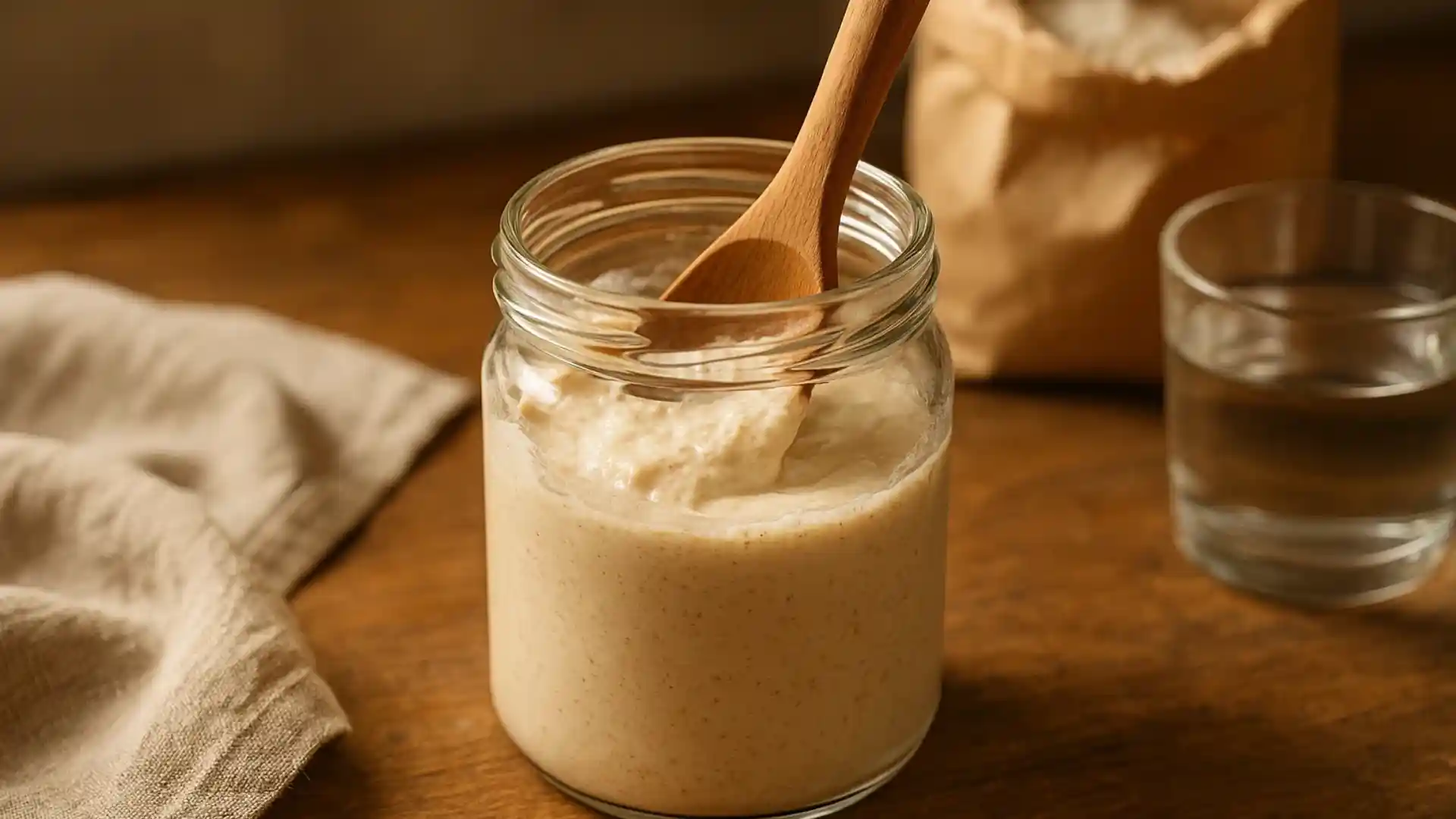 Close-up of a glass jar with freshly mixed sourdough starter being stirred with a wooden spoon on a rustic kitchen counter.