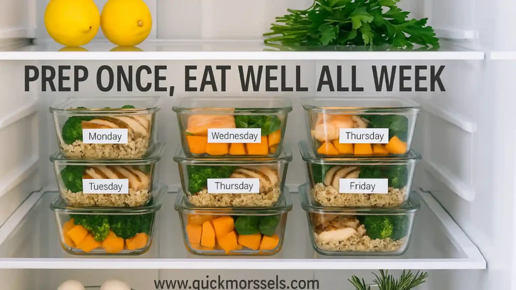Organized modern refrigerator filled with labeled glass meal prep containers showing colorful balanced meals like chicken, rice, vegetables, and salmon, under bright kitchen lighting.