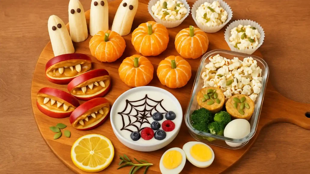 Overhead view of a Halloween-themed snack board with banana ghosts, clementine pumpkins, monster apple bites, yogurt spider web dip, and popcorn cups on a wooden table.