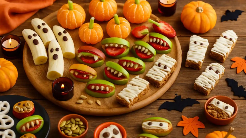 Colorful Halloween snack table with banana ghosts, clementine pumpkins, granola mummy bars, and apple monster smiles on a rustic wooden table with orange-and-black accents and mini candles.