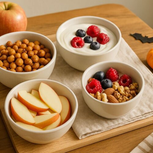 Flat lay of assorted healthy snacks such as nuts, fruits, yogurt, and energy bites arranged neatly on a light surface with bright natural lighting.
