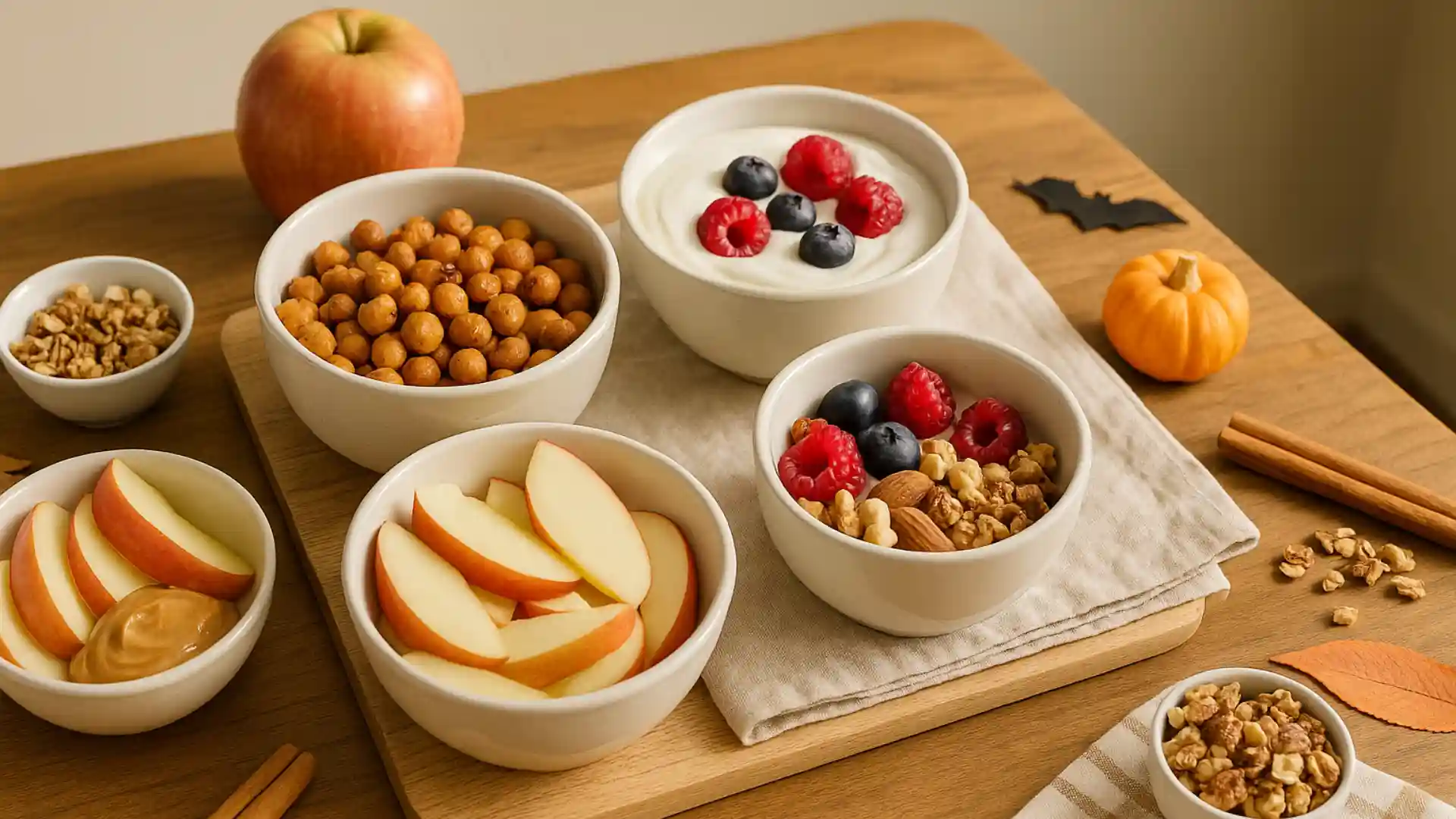 Bright kitchen table with bowls of roasted chickpeas, apple slices with peanut butter, Greek yogurt with berries, and a nut and granola mix on a wooden surface in soft morning light.