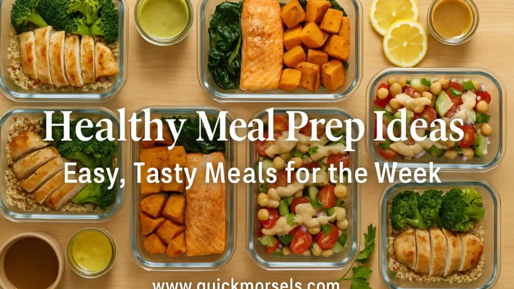 Healthy weekly meal prep flat lay with organized glass containers of colorful balanced meals including grilled chicken, salmon, quinoa, vegetables, and chickpea salad on a wooden counter under natural light.