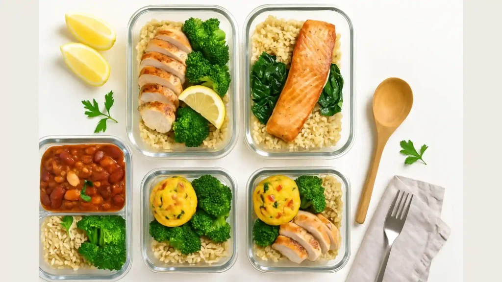 Overhead view of colorful high-protein meal prep containers with grilled chicken, salmon, turkey chili, and egg muffins on a white kitchen counter under natural daylight.