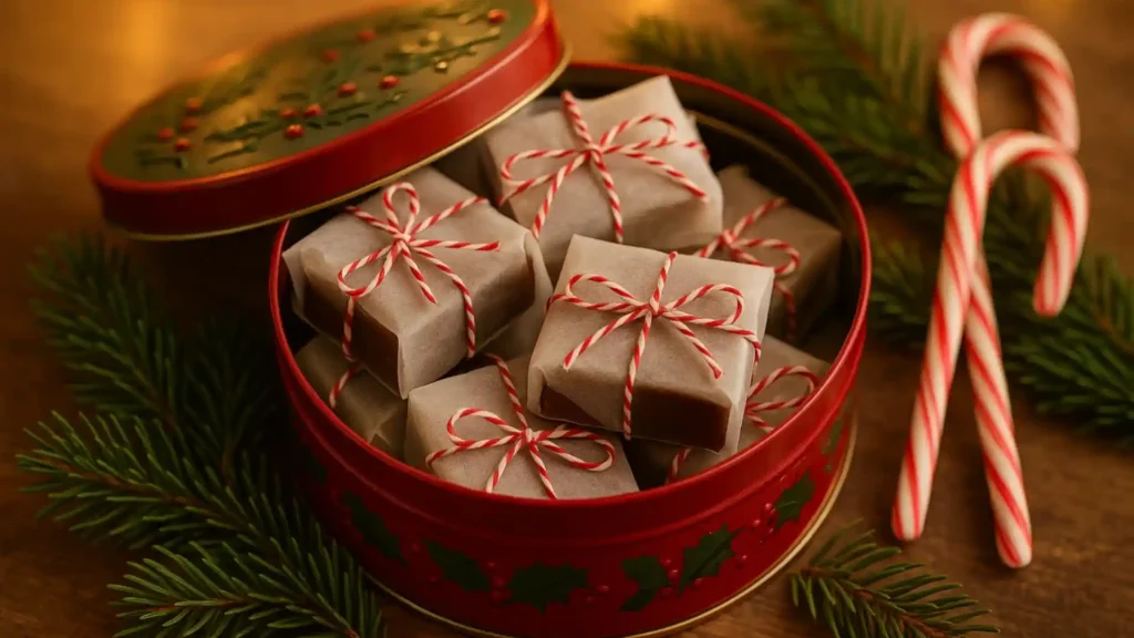 Homemade chocolate fudge wrapped in wax paper with red and white twine, arranged in a festive holiday tin with pine sprigs and candy canes.