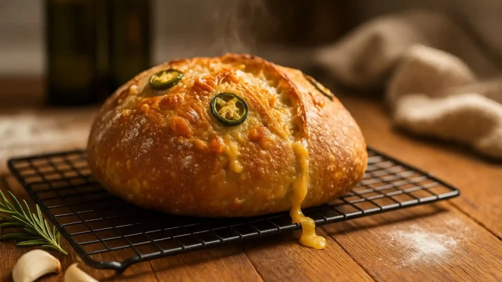 Close-up of a golden-brown jalapeño cheddar sourdough loaf cooling on a wire rack with rosemary, garlic, and melted cheese beside it under warm sunlight in a rustic kitchen setting.