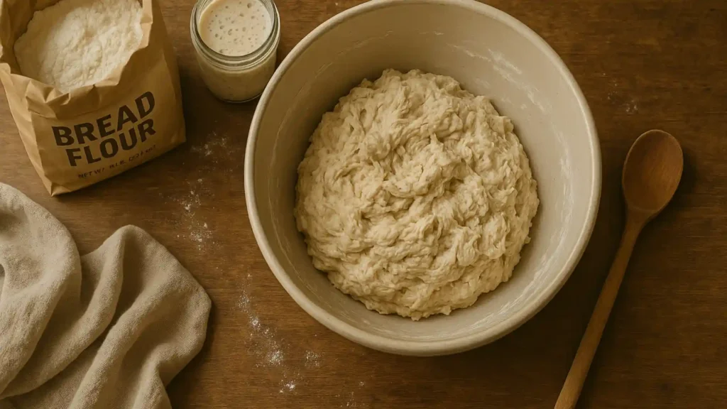 Overhead view of sourdough dough just mixed in a bowl with starter, flour, and spoon on rustic kitchen counter