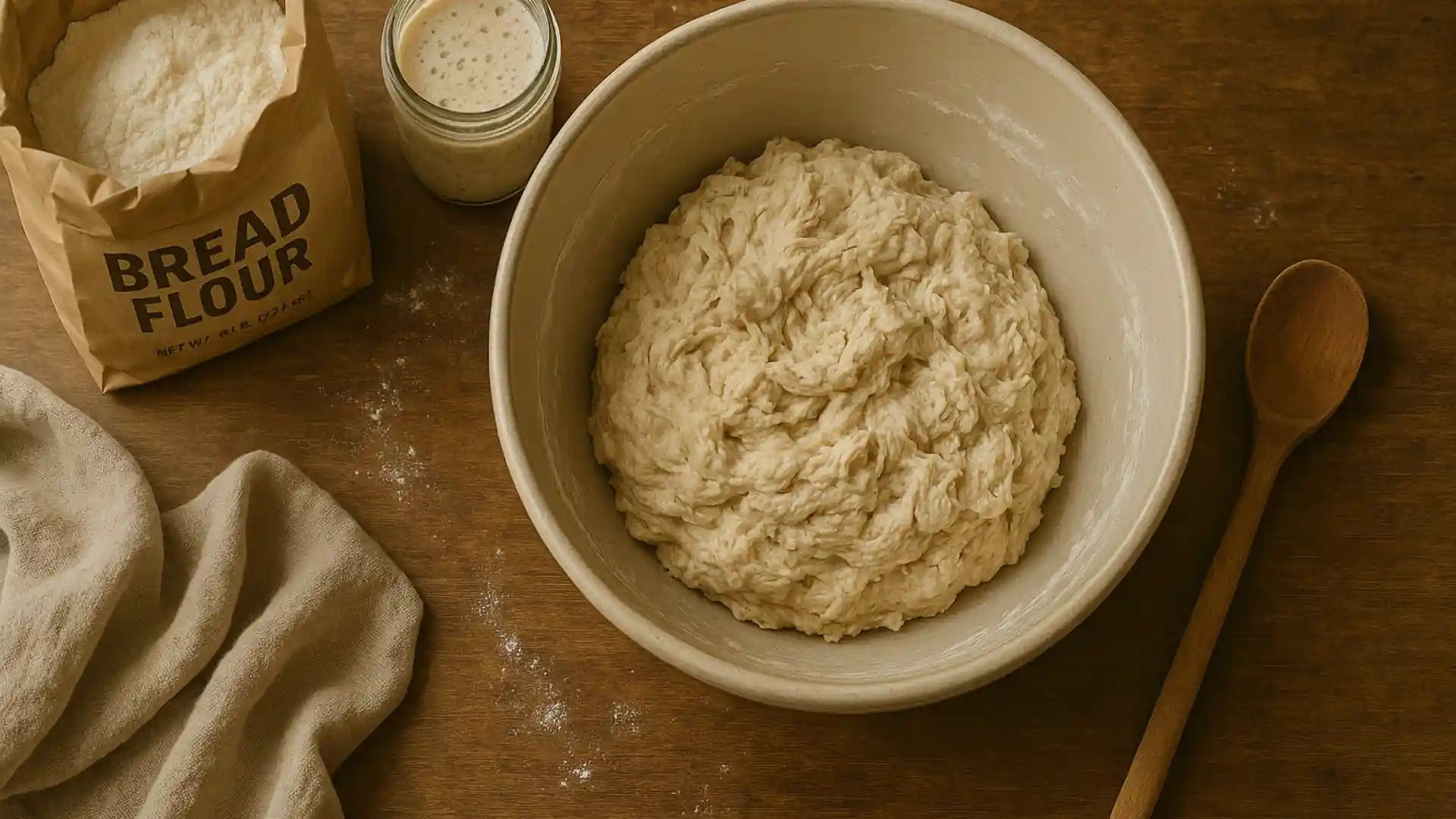 Overhead view of sourdough dough just mixed in a bowl with starter, flour, and spoon on rustic kitchen counter