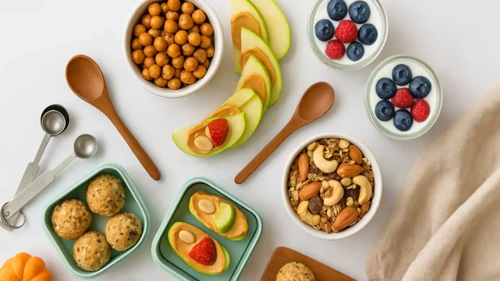 Overhead flat lay of a modern snack board with bowls of roasted chickpeas, apple peanut butter bites, yogurt parfaits with berries, and energy oat bites on a bright marble surface with kitchen props.