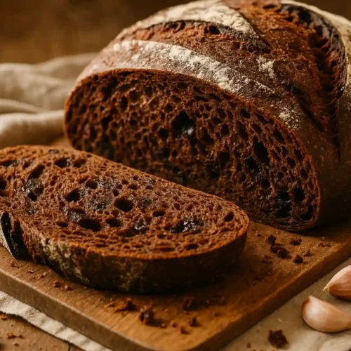 Rustic chocolate sourdough loaf with cocoa-brown crust dusted in flour, sliced to show a rich moist crumb and melted chocolate pockets on a wooden table in soft morning light.