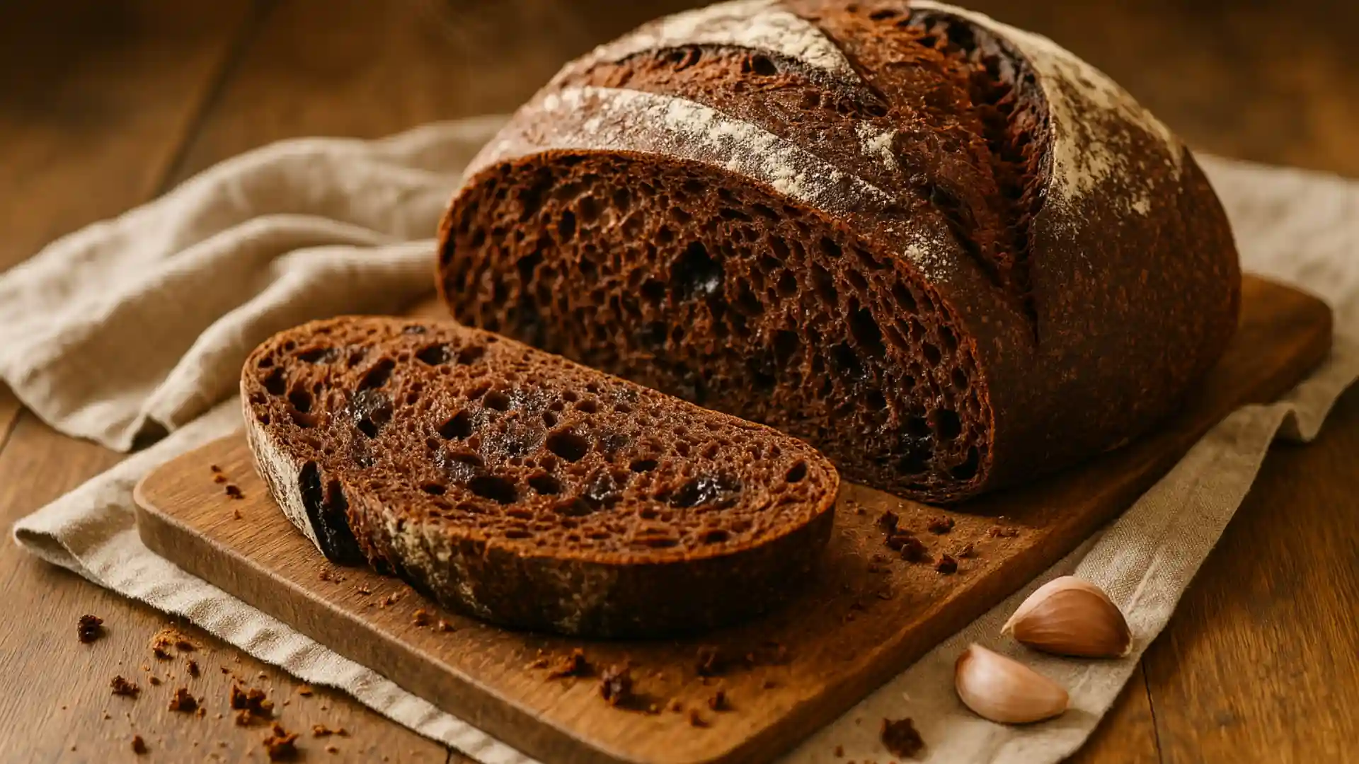 Rustic chocolate sourdough loaf with cocoa-brown crust dusted in flour, sliced to show a rich moist crumb and melted chocolate pockets on a wooden table in soft morning light.
