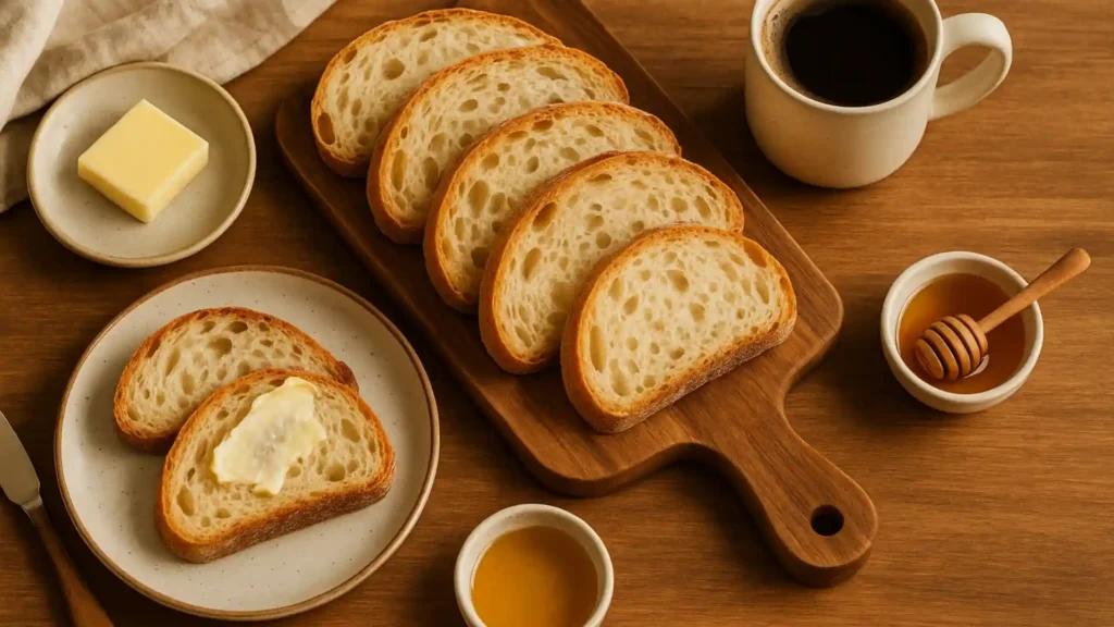 Slices of homemade sourdough discard bread served with butter, honey, and coffee on a wooden cutting board in warm natural morning light.