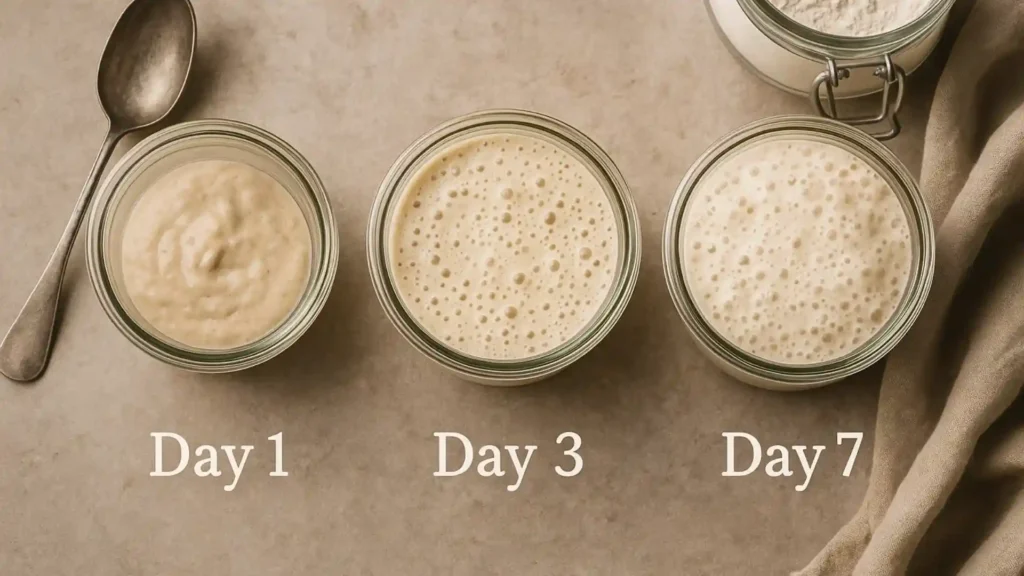 This bright, naturally lit kitchen scene showcases an active sourdough starter brimming with life. The clear glass jar reveals its airy texture and fermentation bubbles as it slightly overflows, symbolizing perfect starter activity. Surrounding elements — a dusting of flour, a thermometer, and a handwritten feeding note — create an authentic, lifestyle-inspired moment. The warm wooden countertop and daylight streaming through a kitchen window complete the clean, fresh, home-baking aesthetic.