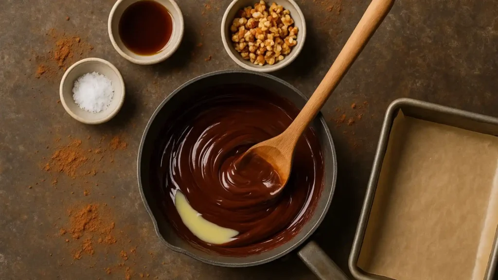 Flat lay of fudge-making process with saucepan of melted chocolate and condensed milk, wooden spoon stirring, and baking pan ready on rustic counter.
