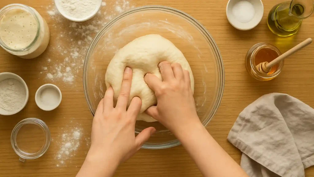 Hands kneading sourdough discard bread dough on a floured wooden surface beside ingredients like flour, olive oil, honey, and a jar of sourdough starter in bright natural light.
