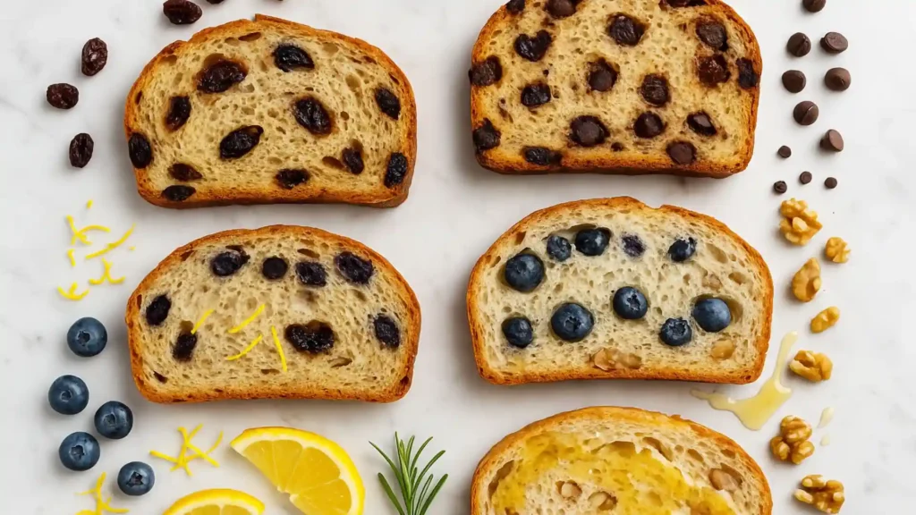 Flat lay of assorted sweet sourdough slices — cinnamon raisin, chocolate chip, lemon blueberry, and honey walnut — on a marble counter with scattered baking ingredients and soft daylight.