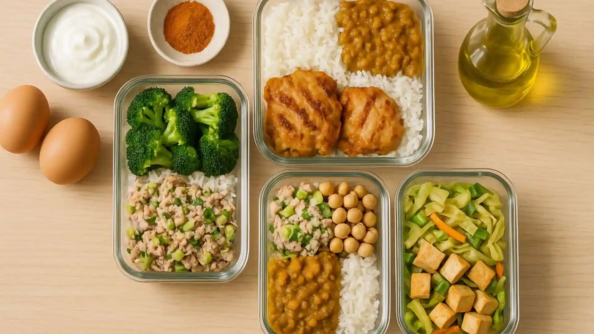 Overhead view of four glass meal-prep containers filled with grilled chicken with rice and broccoli, lentil curry with rice, tuna salad with chickpeas, and tofu stir-fry with cabbage, surrounded by eggs, Greek yogurt, spices, and olive oil on a light wood countertop in natural daylight.