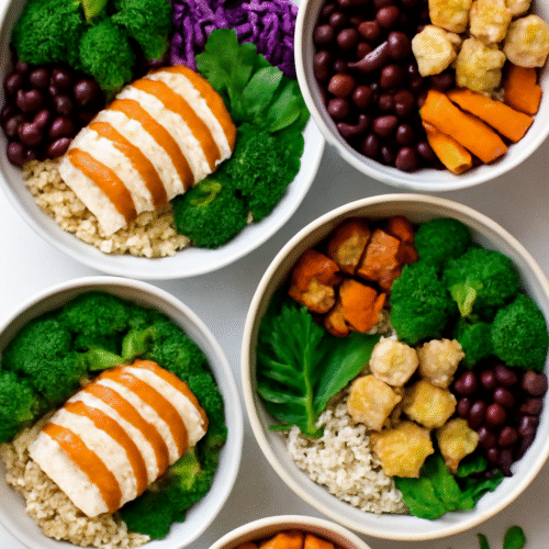 High-protein meal prep bowls with chicken, tofu, rice, beans, and veggies.