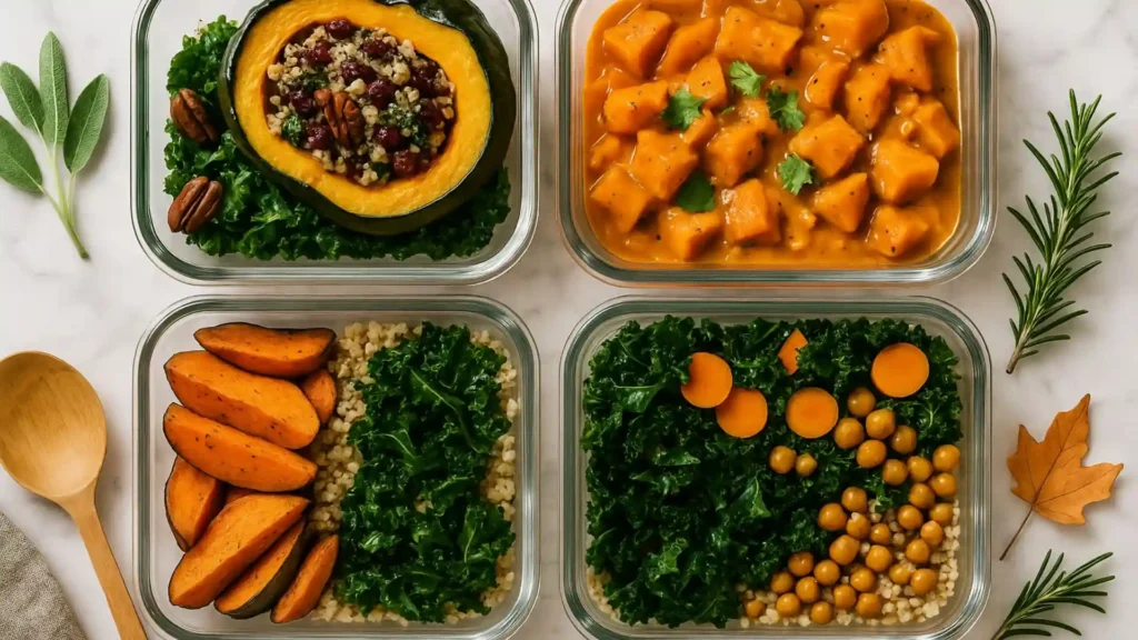 Top-down view of colorful plant-based fall meals in glass containers with herbs on a marble countertop.