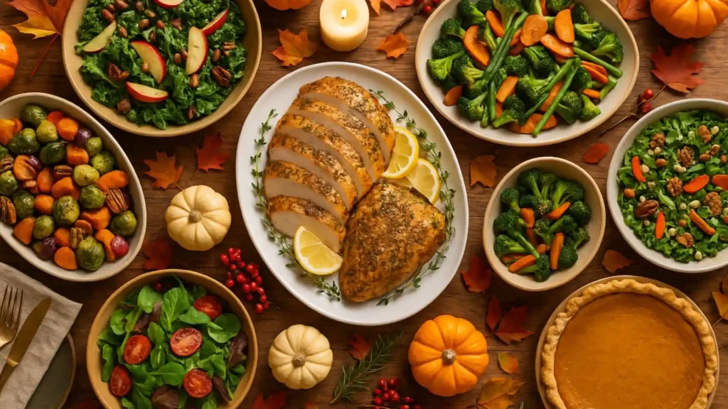 Thanksgiving table with roasted turkey, vegetables, salads, and pumpkin pie in warm autumn decor.