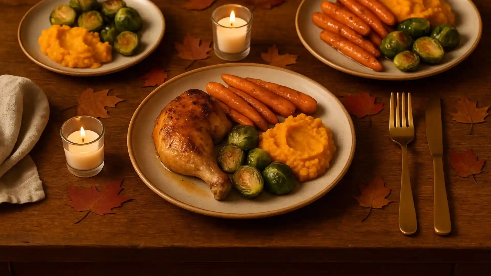 Rustic fall dinner table with roasted chicken, vegetables, candlelight, and autumn décor.