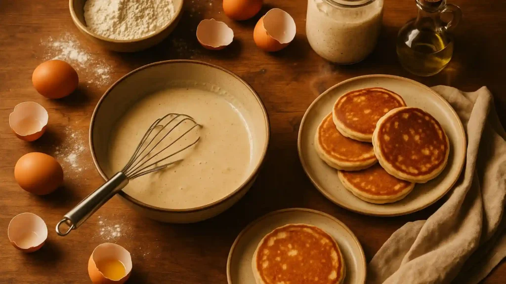 Flat lay of sourdough discard batter, baking ingredients, and fresh pancakes on a rustic wooden table.