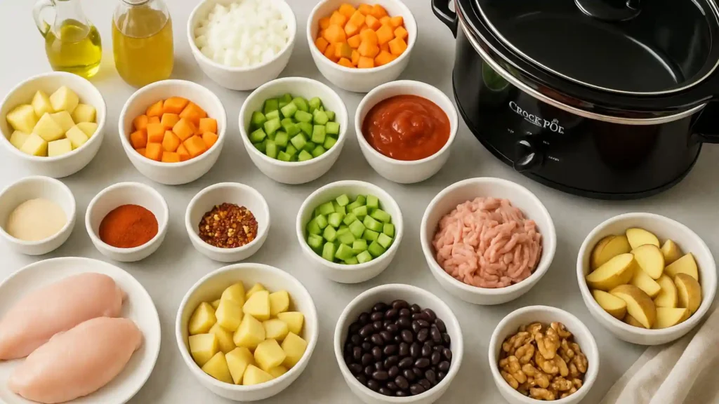 Top-down view of crock pot meal prep ingredients in bowls on a clean counter