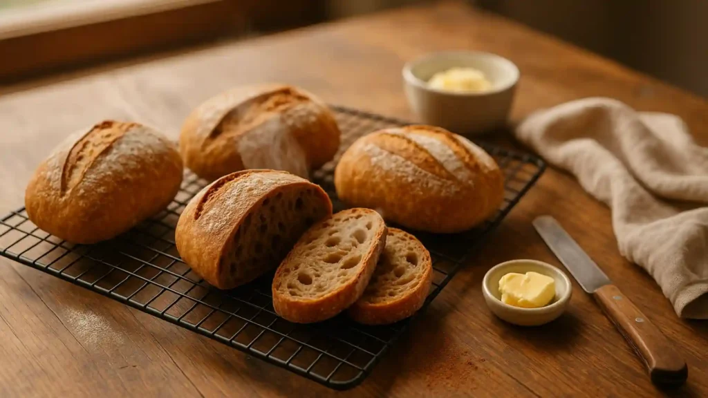 Four freshly baked mini sourdough loaves cooling on a wire rack on a rustic wooden table, one sliced showing airy crumb, steam rising, with a linen towel, bread knife, and butter nearby in soft natural light.