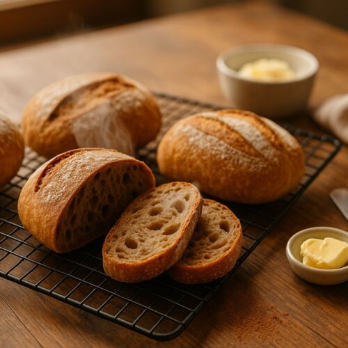 Four warm mini sourdough loaves on a wire rack on a rustic wooden table, flour-dusted crusts, one sliced with steam rising and airy crumb visible, butter and bread knife nearby.