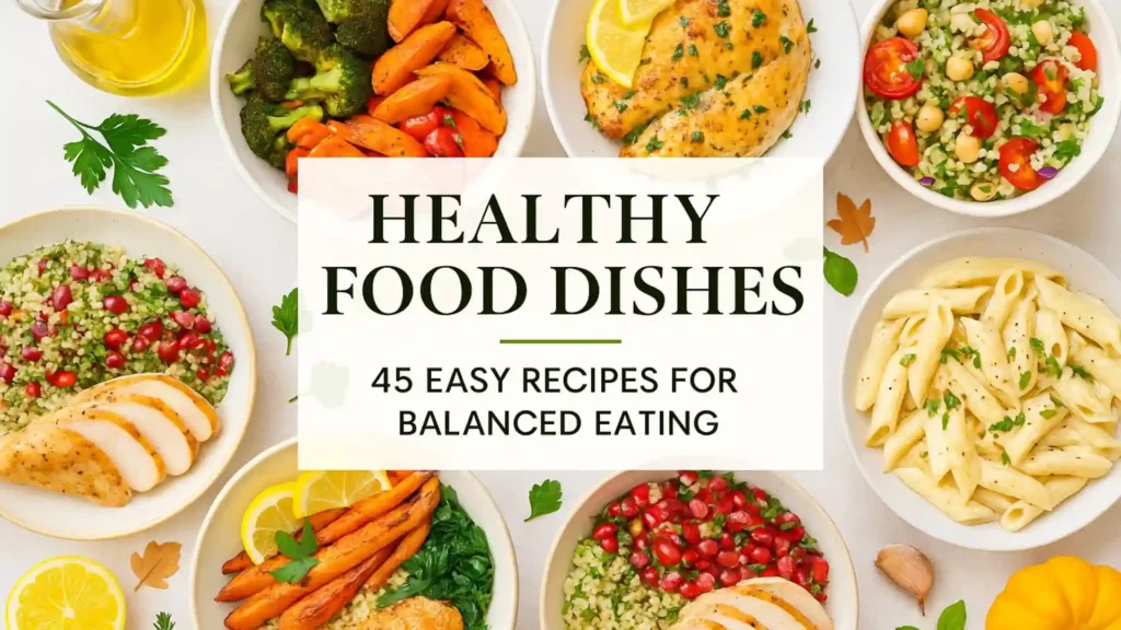 Flat lay of colorful healthy dishes with the text “Healthy Food Dishes: 45 Easy Recipes for Balanced Eating.”