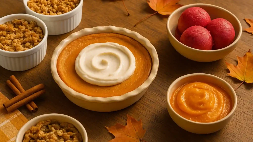 Close-up of healthy Thanksgiving desserts with pumpkin pie, apple crisp, and cranberry sorbet.