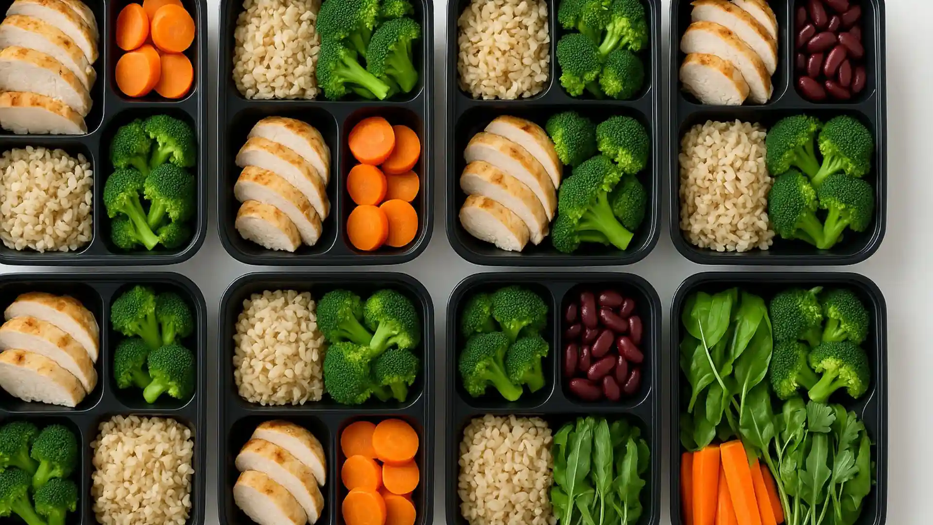 High-protein meal prep with chicken, rice, vegetables in organized containers.