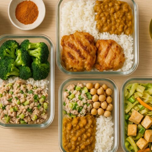 Overhead view of four glass meal-prep containers with grilled chicken, lentil curry, tuna salad, and tofu stir-fry surrounded by eggs, Greek yogurt, spices, and olive oil on a light wood countertop.