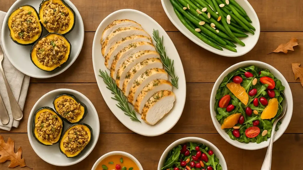 Overhead view of a light Thanksgiving spread with turkey, quinoa squash, green beans, and salad.