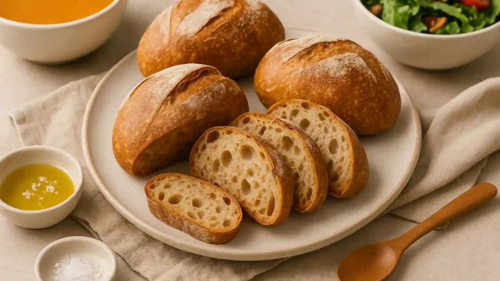 Sliced mini sourdough loaves on a ceramic platter with olive oil and sea salt, soup and salad blurred in the background, linen napkin and wooden spoon on a warm rustic table.