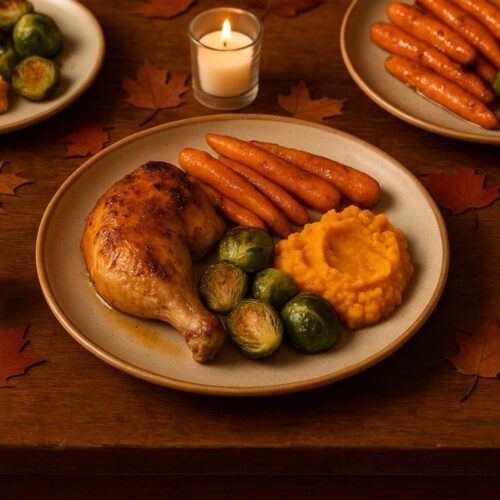 Maple-glazed chicken with roasted sweet potatoes on a fall dinner plate.
