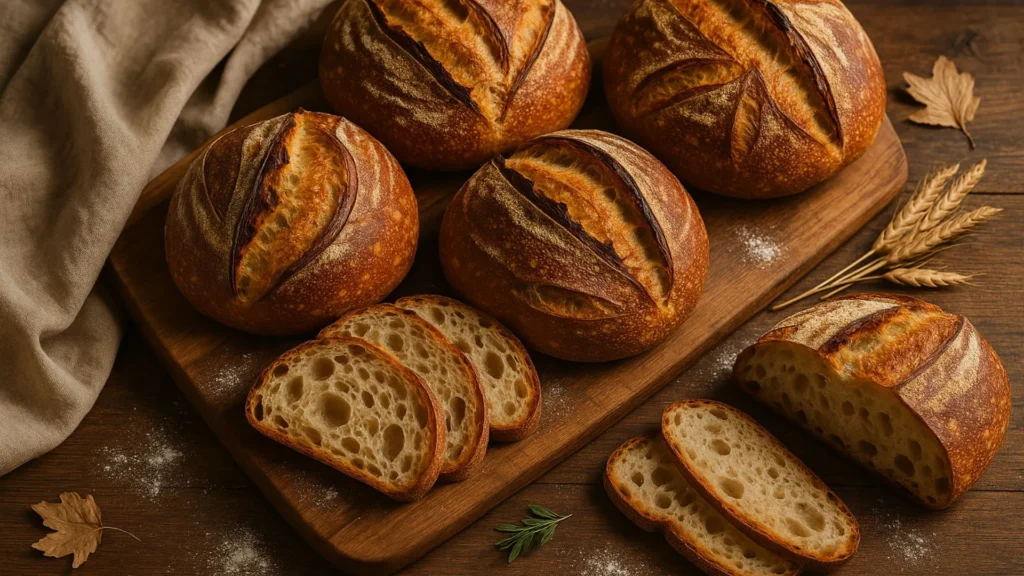 Overhead view of rustic mini sourdough loaves with golden crust and artisan scoring on a wooden board.