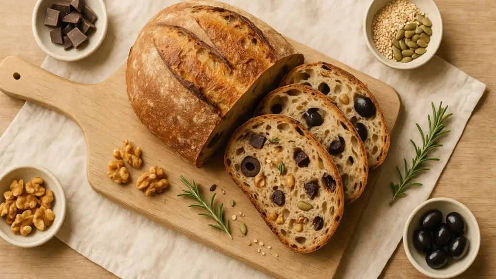 Overhead view of sliced sourdough loaf with chocolate, nuts, herbs, olives, and seeds on a rustic wooden table