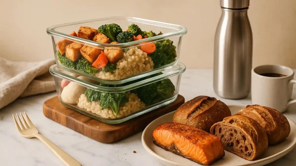 Close-up of three stacked meal prep containers on a marble countertop with grilled tofu and roasted vegetables, quinoa and greens, and salmon with brown rice, plus a reusable fork and water bottle.
