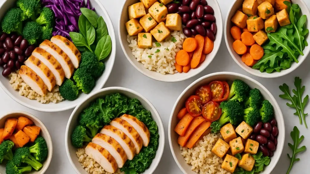 Colorful high-protein meal prep with chicken, tofu, beans, rice, and vegetables.