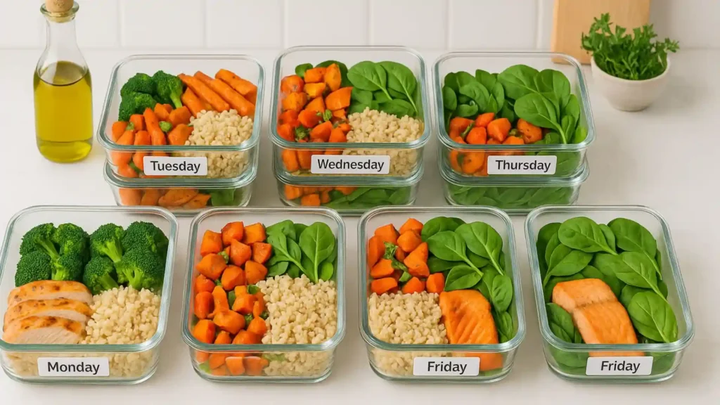 Overhead view of a bright kitchen counter with neatly stacked glass meal prep containers labeled for each day, filled with grilled chicken, roasted vegetables, quinoa, and salmon bowls under natural daylight.