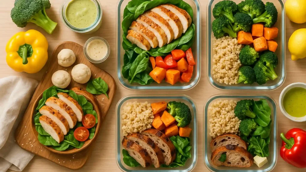 Overhead view of an organized kitchen counter with glass meal prep containers holding grilled chicken, roasted vegetables, quinoa, leafy greens, and small jars of sauces, plus fresh peppers, broccoli, and lemons.