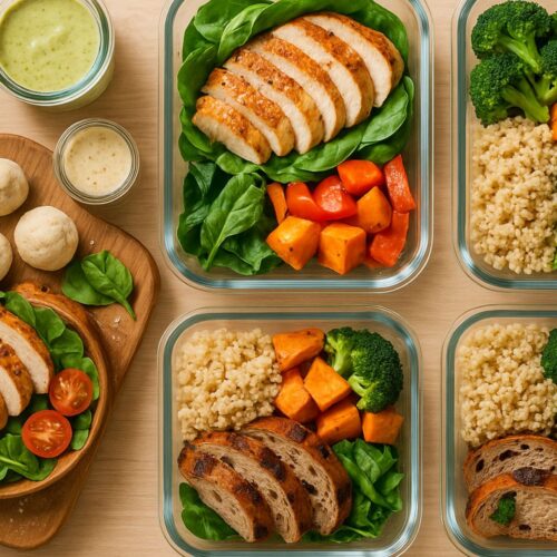 Overhead view of organized glass meal prep containers with grilled chicken, roasted vegetables, quinoa, leafy greens, and small jars of sauces on a wooden counter with fresh produce.
