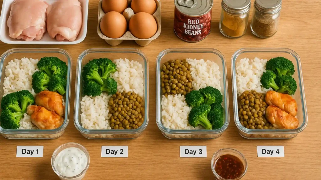 Flat lay of clear containers labeled “Day 1–4,” filled with rice, roasted chicken, lentils, and broccoli, with small cups of Greek yogurt sauce and chili-soy dressing, surrounded by budget staples like chicken thighs, eggs, canned beans, and spices on a wooden table in natural light.